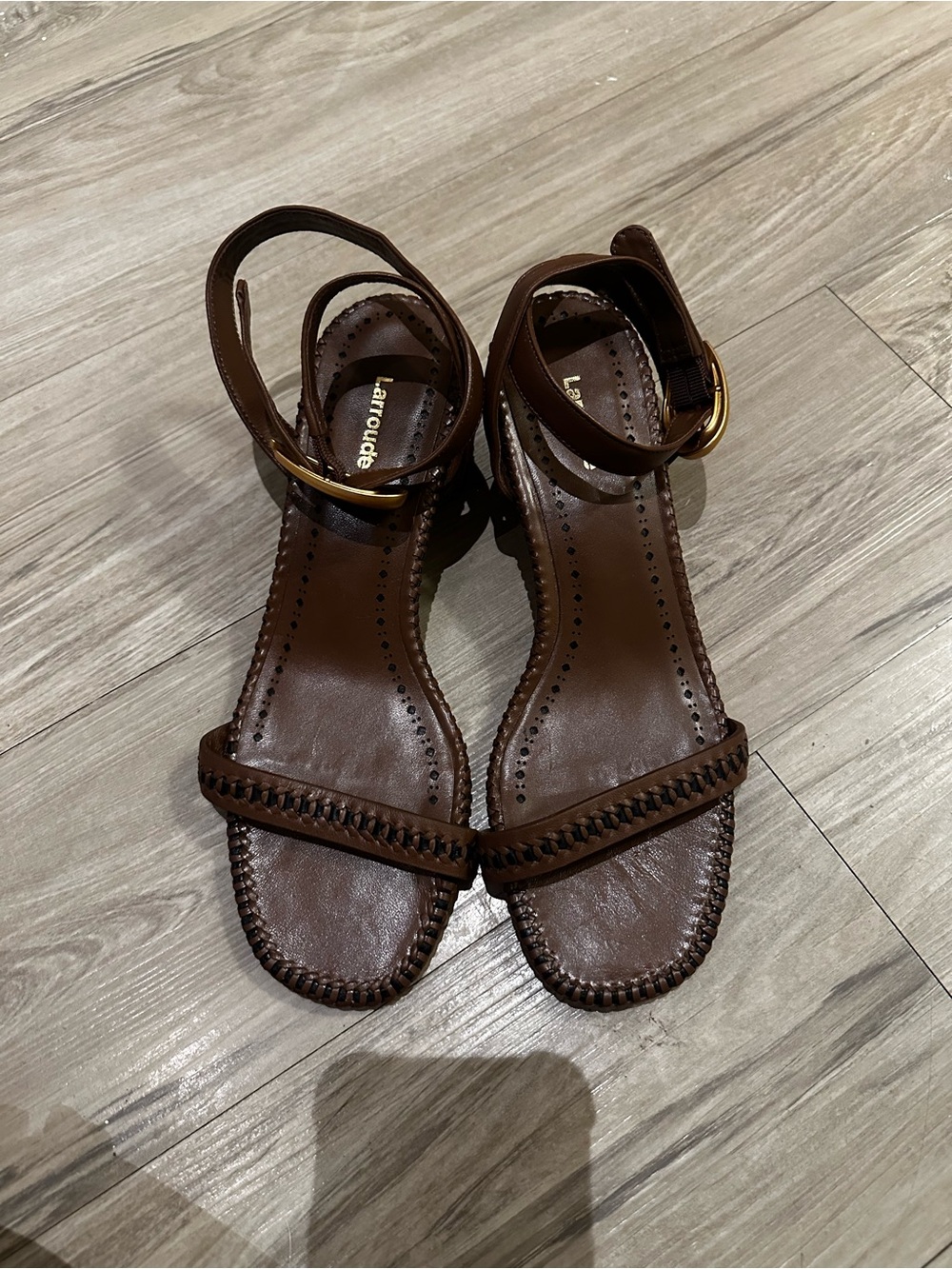 Larroude Brown Leather Braided-Strap Ankle Sandals